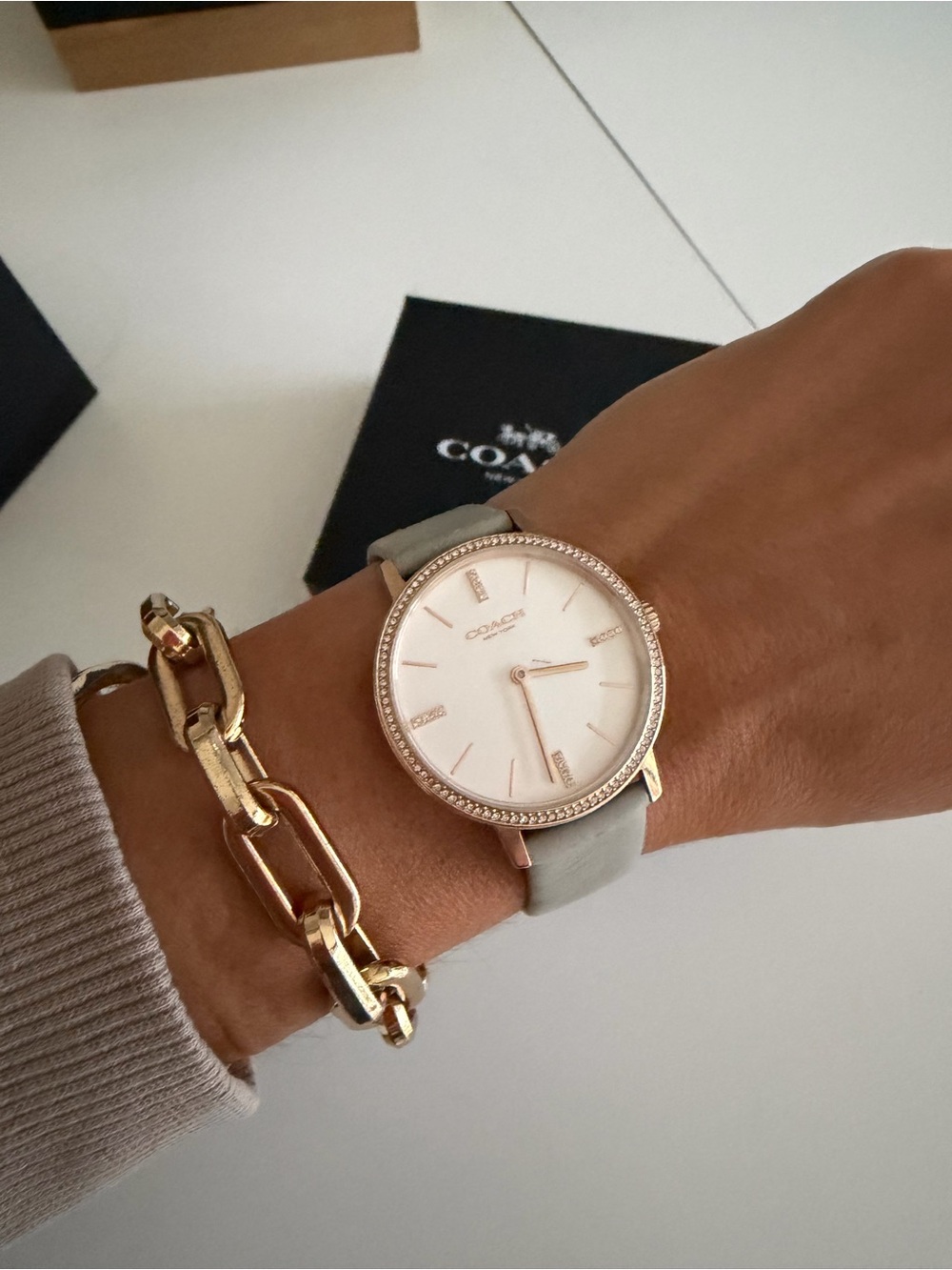 Coach Rose Gold Dial Grey Leather Strap Watch